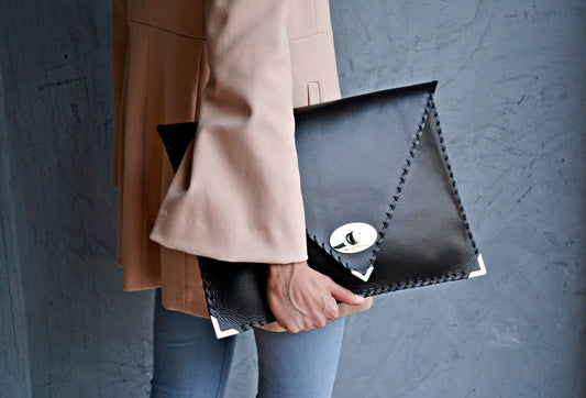 Symmetria Black Leather Clutch Bag