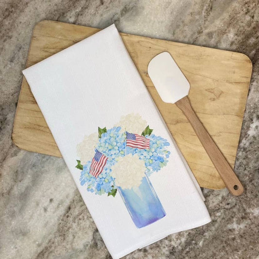 Hydrangea American Flag Bouquet Tea Towel